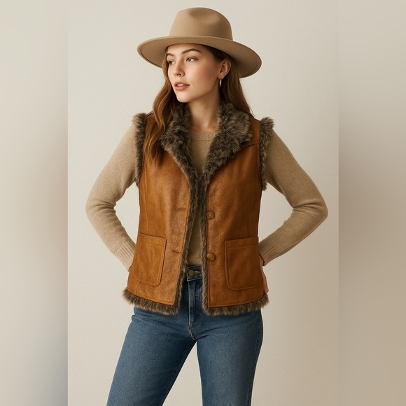 Live a Little Jackets & Blazers - Boho Chic Leather Vest Faux Fur Trim Western Festival Layering Fall Piece PLarge